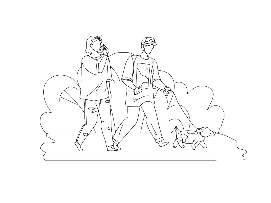 Family Couple Walking Dog In Park Line Vector
