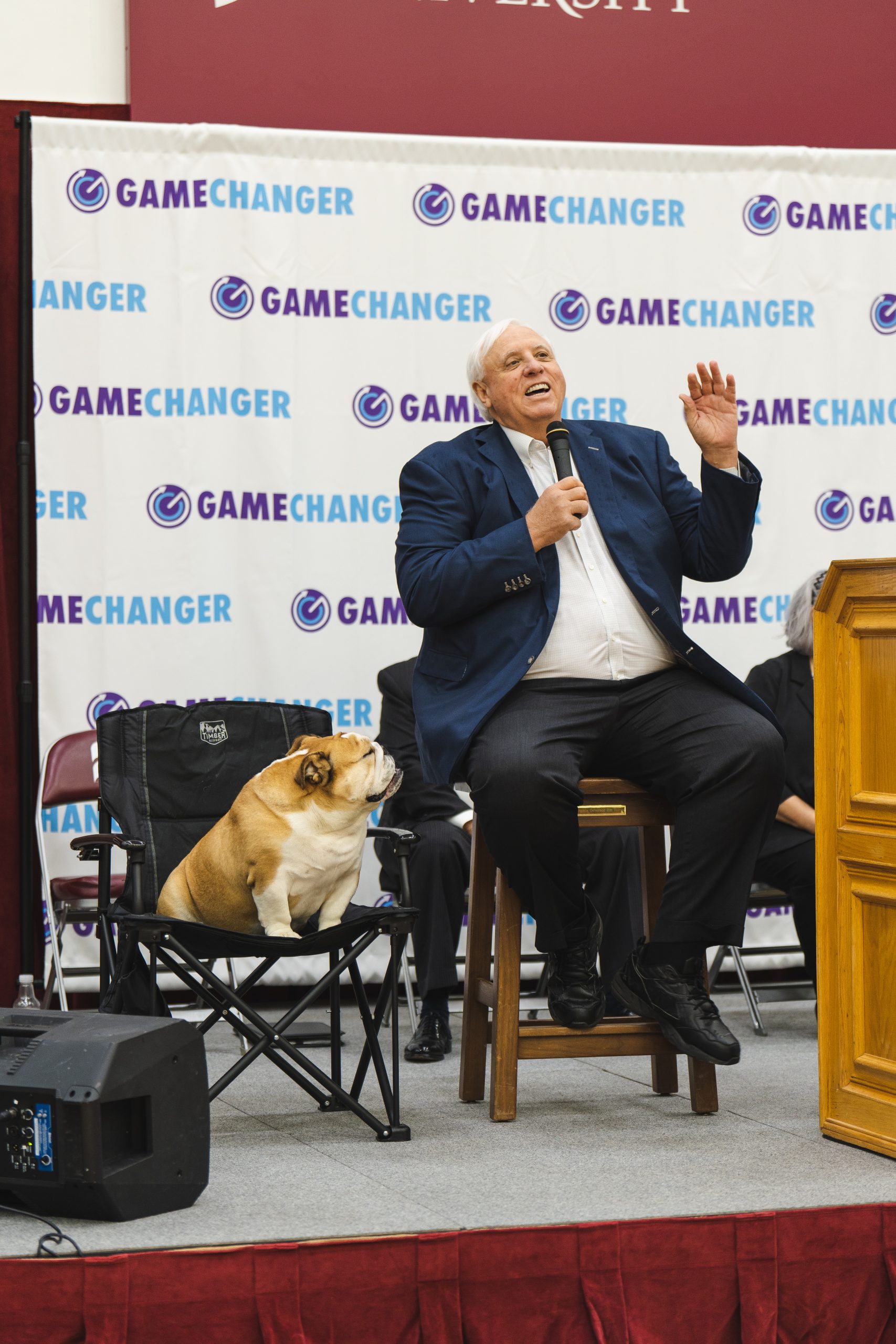Governor Jim Justice , with Baby Dog, talks to Marion County Students about the One Pill Can Kill film.