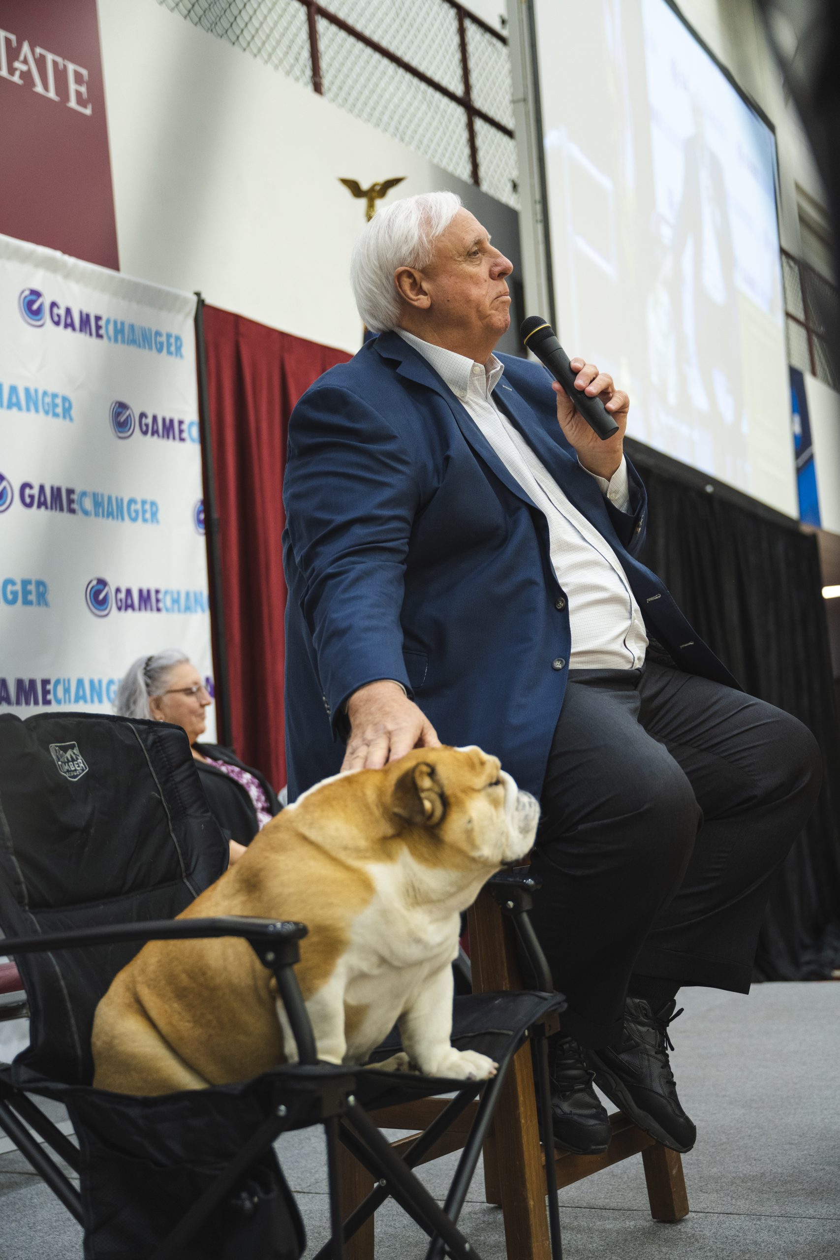 Governor Jim Justice , with Baby Dog, talks to Marion County Students about the One Pill Can Kill film.
